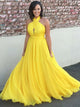 A Line Halter Yellow Chiffon Pleats Prom Dresses 