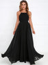 A Line Spaghetti Straps Black Chiffon Criss Cross Prom Dresses LBQ2988