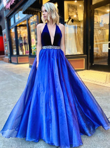 A Line V Neck Blue Beadings Chiffon Velvet Prom Dresses LBQ2139