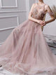 A Line Scoop Open Back Appliques Pink Chiffon Prom Dresses