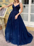 A Line Navy Blue Spaghetti Straps Appliques Tulle Prom Dresses LBQ2007