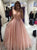 A Line V Neck Pink Lace Tulle Prom Dresses