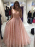 A Line V Neck Pink Lace Tulle Prom Dress LBQ2882