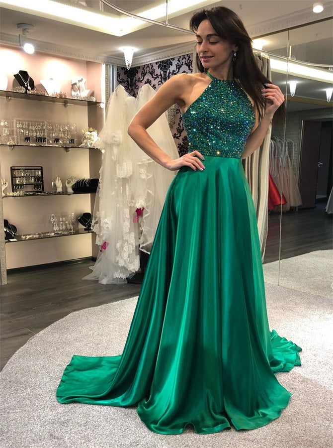 A Line Dark Green Halter Beadings Satin Prom Dresses | Alinepromdress A Line Dark Green Halter Beadings Satin Prom Dresses | Alinepromdress