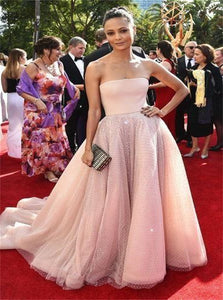 A Line Strapless Pink Beadings Tulle Satin Prom Dress 