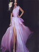 One Shoulder A Line Organza Slit Prom Dresses with Sweep Train 