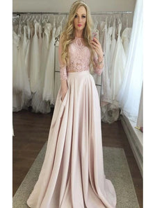 Two Pieces Lace Top 3/4 Sleeves Long A Line Satin Prom Dresses