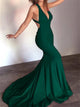 Dark Green Mermaid Halter Criss Cross Satin Prom Dresses