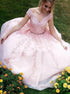 A Line V Neck Pink  Lace Appliques Tulle Prom Dress LBQ0558