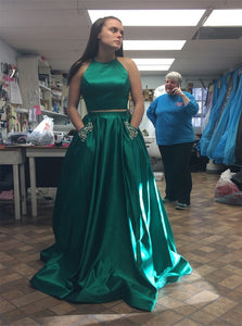 Two Pieces Green Sleeveless Sweep Train Prom Dresses