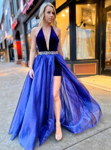 A Line V Neck Blue Beadings Chiffon Velvet Prom Dresses LBQ2139