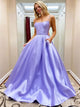 A Line Spaghetti Straps Satin Purple Prom Dresses