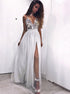 Spaghetti Straps Grey Sleeveless Split Chiffon Prom Dress with Sequins LBQ1734