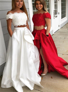 A Line White Short Sleeves Prom Dresses with Pockets