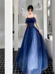 A Line Blue Sweetheart Tulle Appliques Prom Dresses