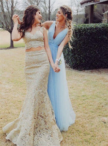 Two Piece Mermaid Champagne V Neck Lace Prom Dress 