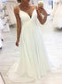 A Line Spaghetti Straps V Neck White Chiffon Prom Dress LBQ2733