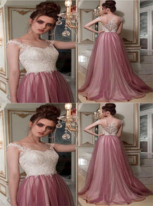 A Line Lace and Tulle Pink Prom Dresses