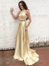 Two Piece A Line High Neck Open Back Prom Dress with Beadings LBQ0537