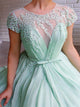 Mint Green Tulle Beaded Scoop A Line Short Sleeves Prom Dress LBQ2459
