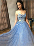 A Line Spaghetti Straps Blue Sequined Prom Dresses with Flowers LBQ2396
