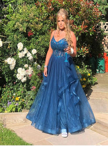 Navy A Line Tulle Prom Dress with Appliques LBQ1384