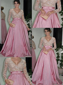 V Neck Long Sleeves A Line Taffeta With Beadings Prom Dresses