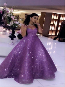Purple Sleeveless Sweep Train Prom Dresses
