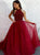 A Line Open Back Halter Burgundy Beading Tulle Prom Dresses