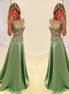 A Line V Neck Green Appliques Satin Prom Dresses