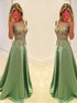 A Line V Neck Green Appliques Satin Prom Dress LBQ2854