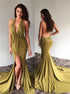 Mermaid Halter Green Backless Appliques Prom Dress with Slit LBQ2931