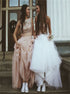 A Line Strapless Beaded White Tulle Prom Dress LBQ3118