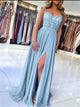 Blue Lace A Line Satin Sleeveless Prom Dresses with Appliques