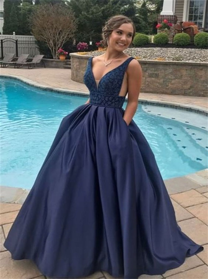 Ball Gown V Neck Dark Blue Satin Prom Dresses