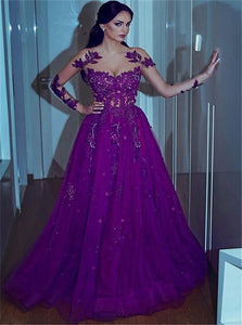 Jewel Appliques A Line Tulle Purple Prom Dresses