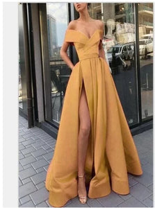 A Line Off the Shoulder Satin Yellow Pleats Prom Dress with Slit LBQ2317