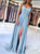 Blue Lace A Line Satin Sweep Train Prom Dresses with Slit