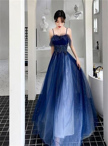 Spaghetti Straps Blue Evening Dresses 