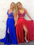 A Line V Neck Two Pieces Satin Prom Dress with Beadings LBQ1635
