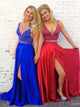 A Line V Neck Two Pieces Satin Prom Dresses with Beadings 