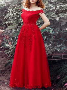 A Line Off Shoulder Appliques Red Chiffon Prom Gowns LBQ3156