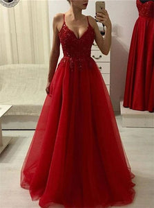 A Line Spaghetti Straps Applique Tulle Red Prom Dresses