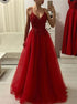 A Line Spaghetti Straps Applique Tulle Red Prom Dresses LBQ2415