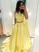 A Line Two Piece Yellow Scoop Satin Prom Dresses 
