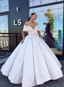 Off the Shoulder Pink Satin Ball Gown Prom Dresses with Pleates