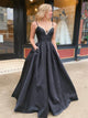 A Line Black Satin V Neck Beaded Prom Dresses