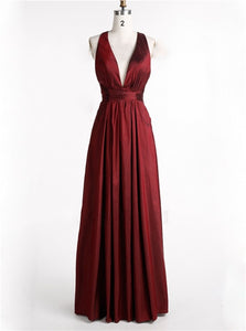 A Line Deep V Neck Burgundy Satin Criss Corss Prom Dresses 