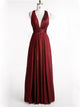 A Line Deep V Neck Burgundy Satin Criss Corss Prom Dresses 