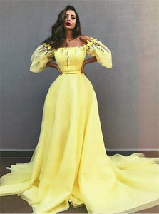 A Line Yellow Off The Shoulder Beadings Tulle Prom Dresses